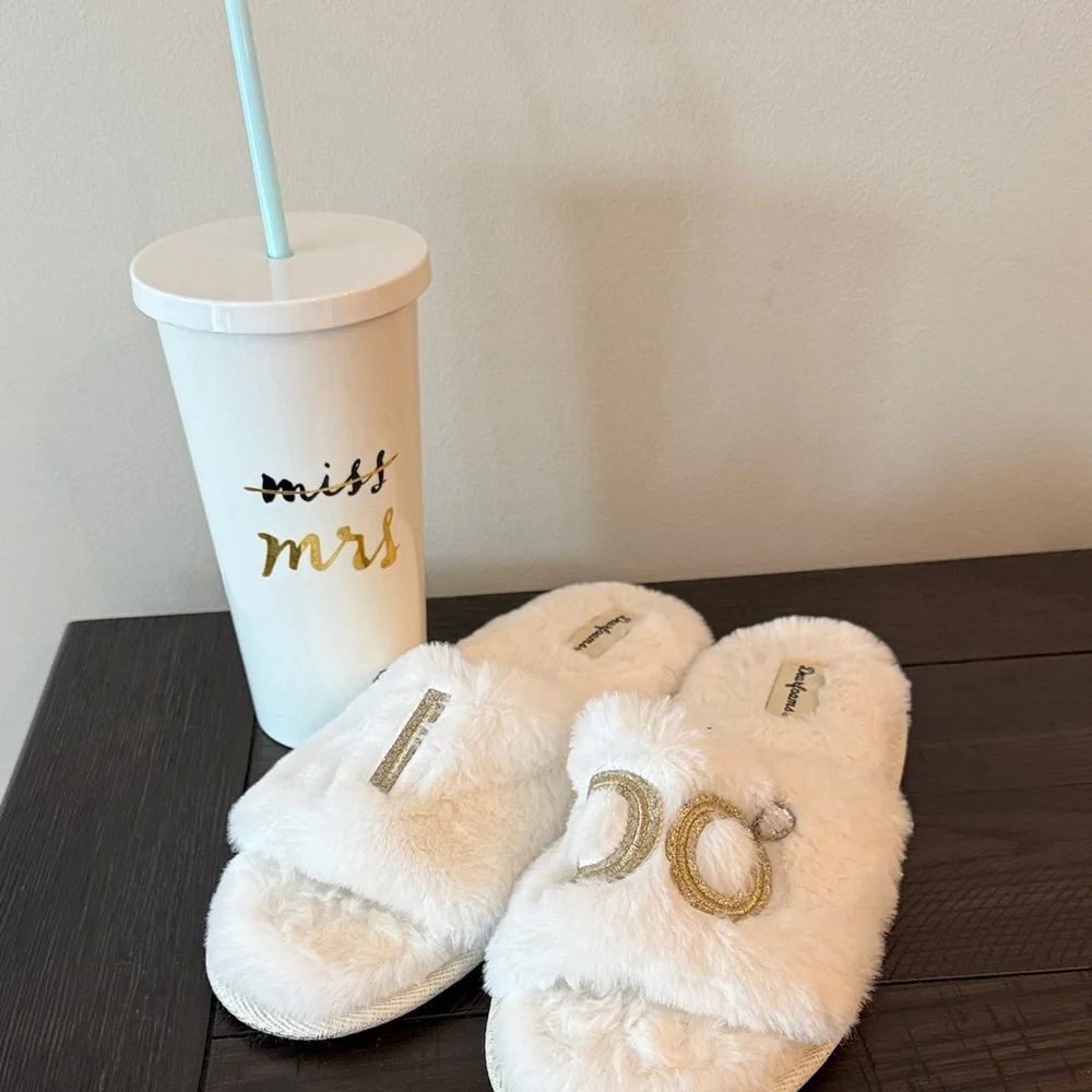 I Do, White Fuzzy Slippers and Kate Spade Tumbler